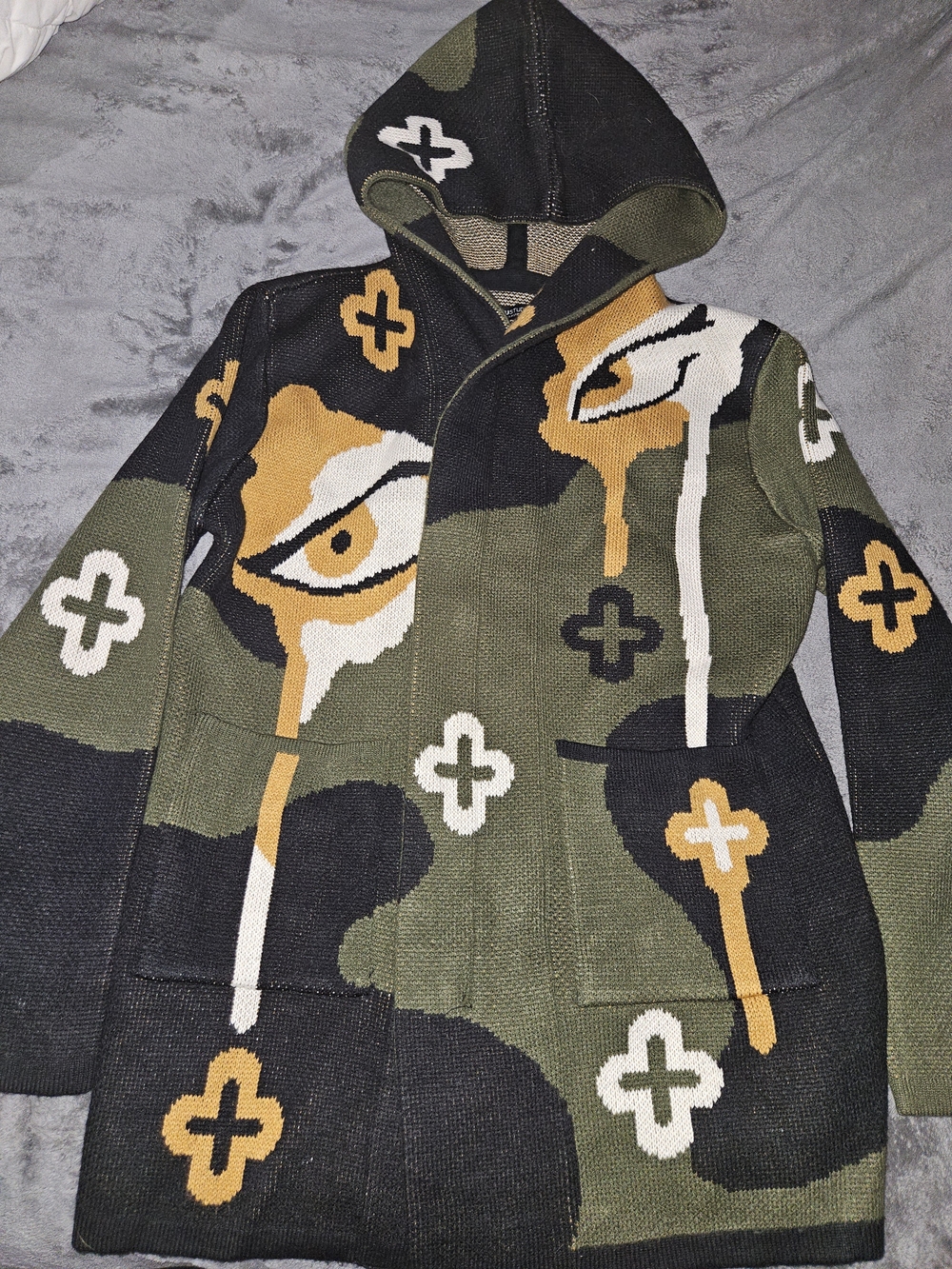 Men's Hooded Knit Coat in Olive Green & Black with Mustard Accents